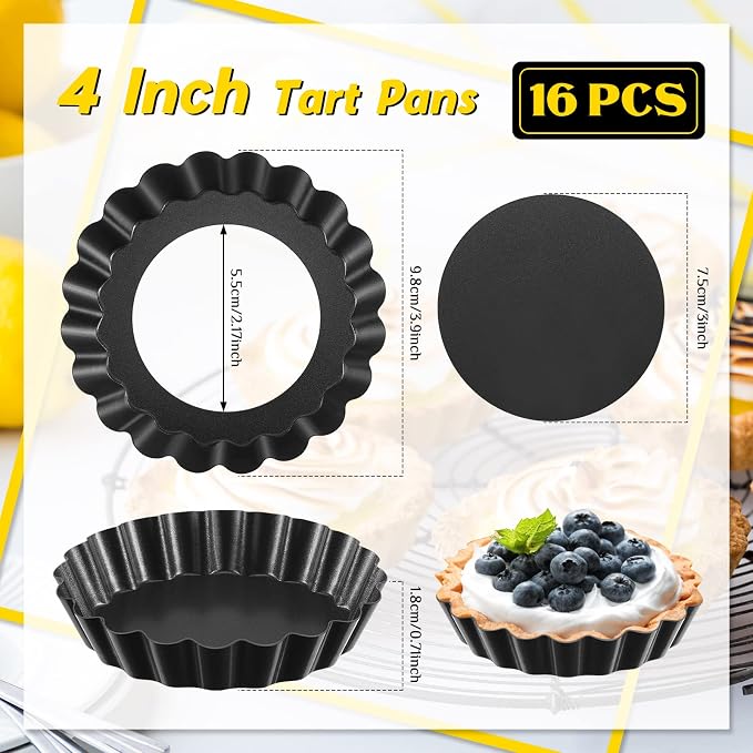 Tessco for you 16 Pcs Mini Tart Pans for Baking, 4 Inch Quiche Pans with Removable Bottom, Nonstick Egg Tartlets Molds Fluted Side Bakeware for Pie Fruit Tart Cheesecake Dessert (Black Gray Round)
