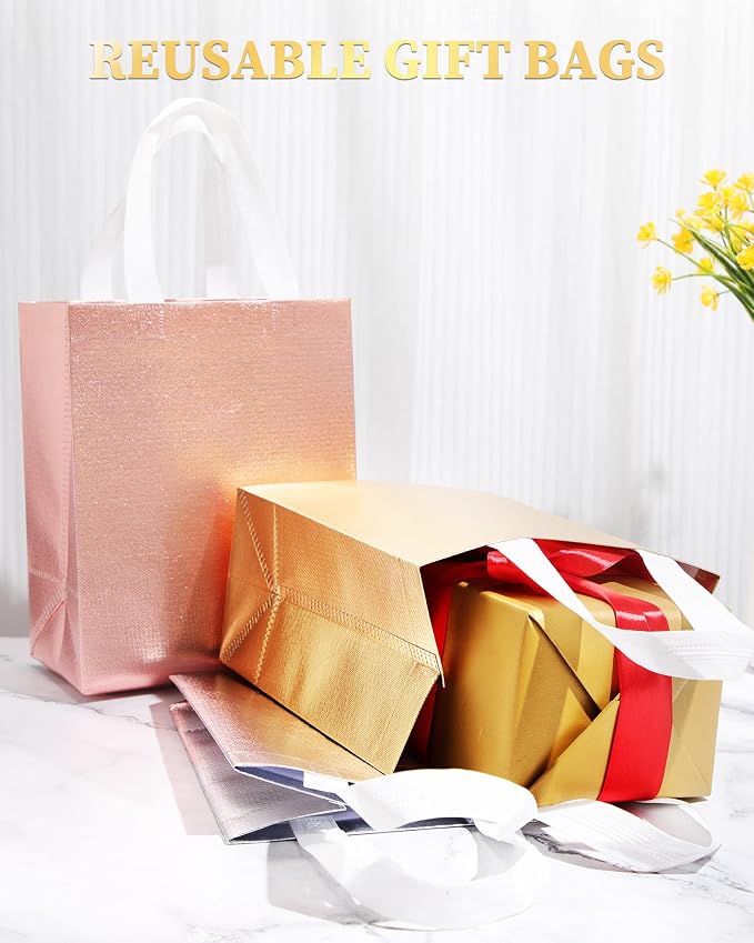 Eccliy Reusable Gift Bags Set Glossy Grocery Gift Tote Bag with Handle for Wedding, Bridal Shower, 4th of July, Summer Event(10 x 8 x 4.7 Inch,Rose Gold, Gold, Silver,80 Pcs)