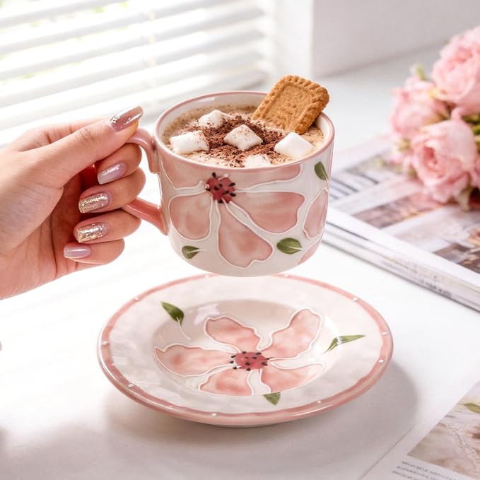 KAMMAK Tea Cups and Saucers Set of 2, Porcelain Coffee Cups, 8.5-Ounce Stackable Espresso Mugs, Ceramic Demitasse for Coffee, Latte, Americano, GX20