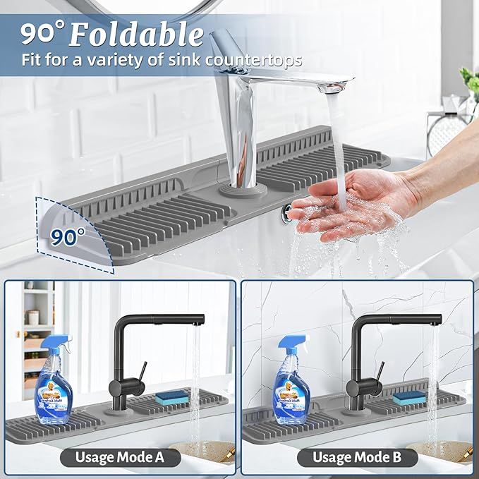 PoYang 24 inch Faucet Mat for Kitchen Sink Splash Guard, 7° Slope Silicone Sink Water Splash Guard for Kitchen Sink Area with Snap Button, Longer Sink Protectors for kitchen Sink Sponge Holder, Grey