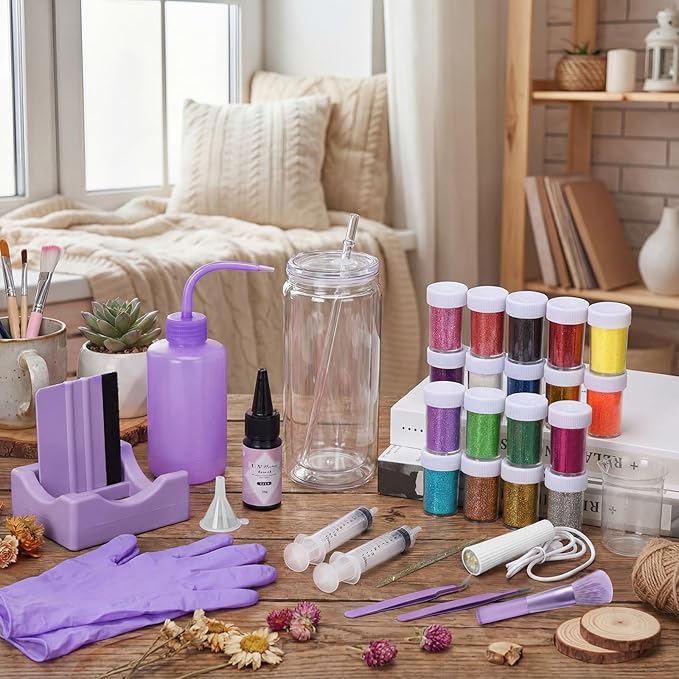 Meanplan 8 Pack DIY Plastic Snow Globe Tumbler Supply Kit 16oz Pre Drilled Double Wall Cup 20 Colors Glitter Squeeze Bottle Funnel Tweezer Syringe Cradle Measuring Cup Flashlight Buffer Glove(Purple)