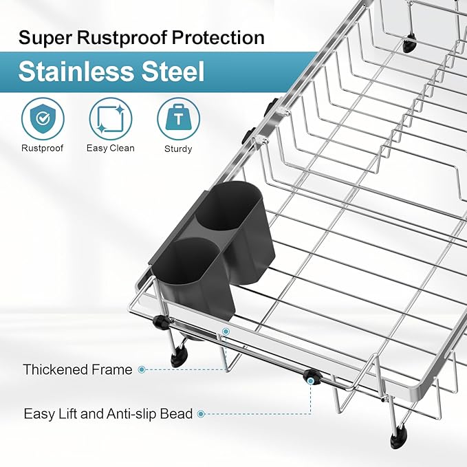 GSlife Expandable Over The Sink Dish Drying Rack - Stainless Steel Heavy Duty in Sink Dish Drainer with Square Corners, Rust Resistant with Lock Knob, Fit for Modern Single & Double Sinks, Black