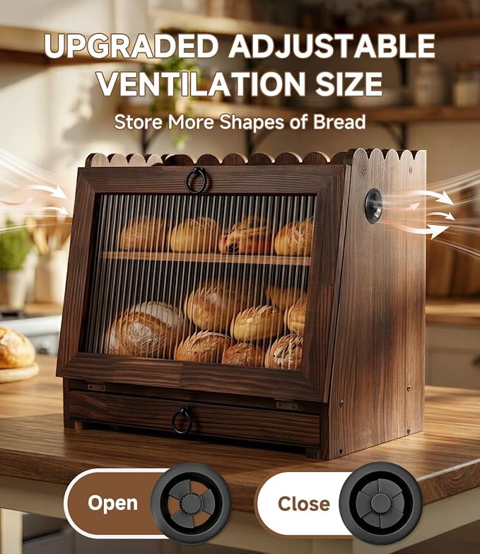 Bread Box for Kitchen Countertop Wooden Double Layer Bread Storage Container Bin Breadbox Holder Large Capacity Keeper Vintage Farmhouse Food Organizer (Brown, Large)