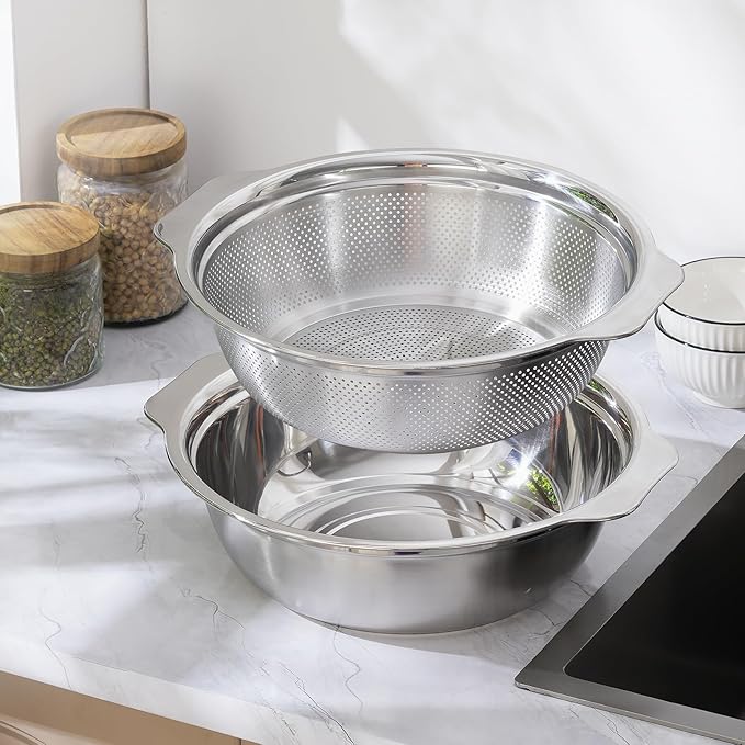 Colander for Kitchen Microporous, 5QT Strainer with Mixing Bowl Large Capacity, Stainless Steel Colander with Handle for Washing Vegetables, Fruit, Rice and Draining Cooked Pasta(2PC)
