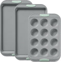 Pyrex 3-Piece Metal Cookie & Muffin Sheet Bakeware Set, Lightweight Stainless Steel Baking Trays with Heatsafe Silicone Handles, Cookie Muffin Sheet Baking Pan, Sage