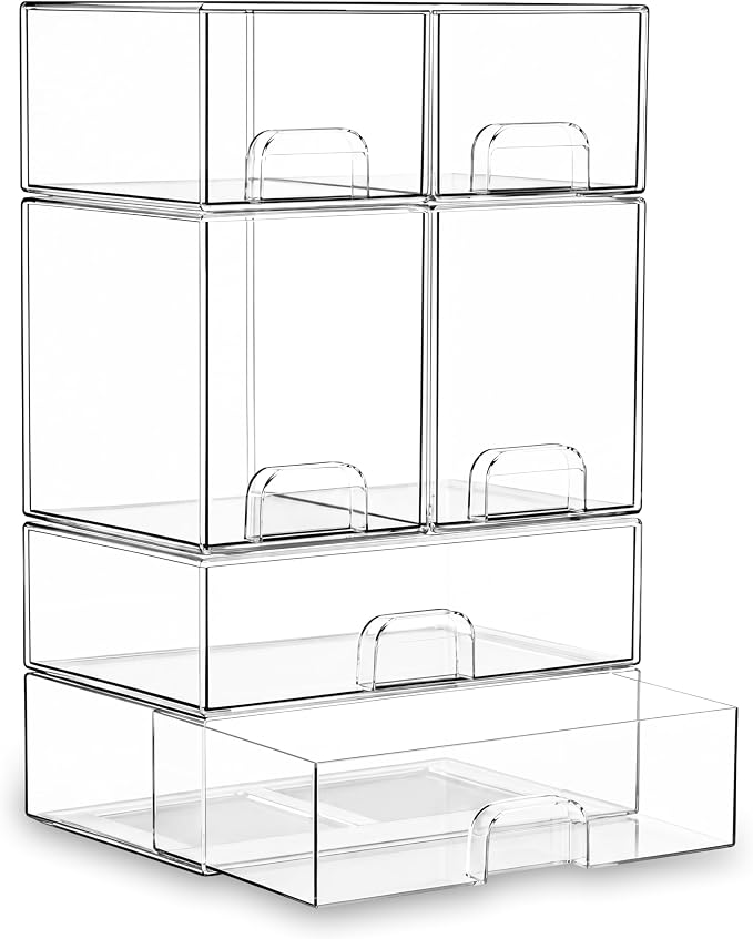 Stackable Storage Drawer Organizers Set of 6 for Bathroom Organizer Storage | Clear Plastic Organizer Bins for Baby Bottle, Kitchen Under Sink, Laundry, Pantry, Beauty, Cabinet, Medicine, Office Supplies
