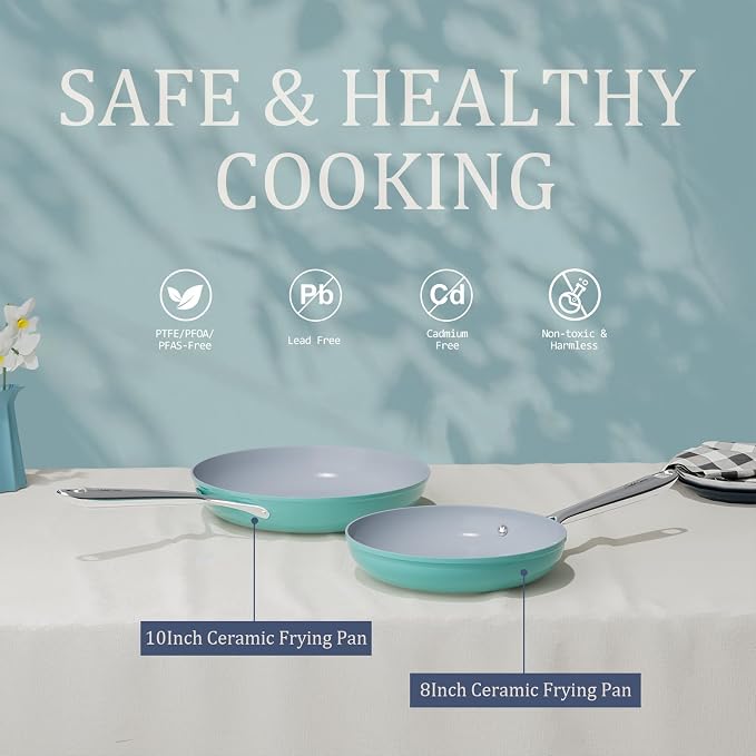 Healthy Ceramic Nonstick Cookware Set-11″ 4.5qt Non-Toxic Ceramic Sauté Pan w/ Lid & 10″ Nonstick Ceramic Frying Skillet, PTFE/PFOA/PFAS Free, Oven & Dishwasher Safe, All Cooktops Compatible, Even Hea