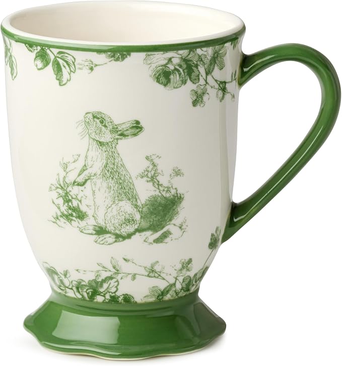 Le Jardin 6oz MUGS SET OF 4 – Green Bunny Stoneware Cups for Coffee, Tea & Cocoa – Charming Drinkware for Spring Brunch or Morning Routines