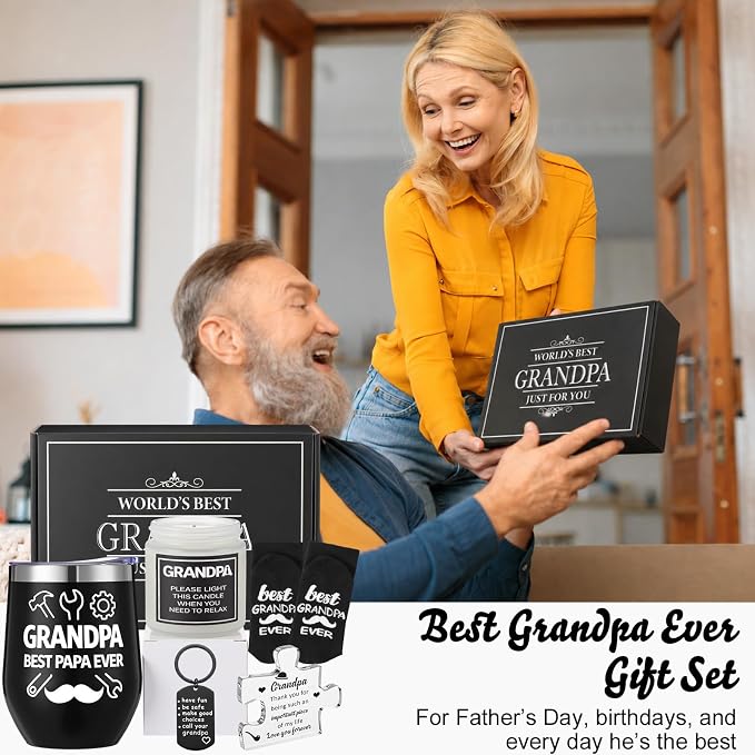 Sieral 6 Pcs Grandpa Gifts for Fathers Day, Best Grandpa Ever Gifts Set from Grandson Granddaughter - Bathrobe, 12oz Tumbler, Socks, Acrylic Plaque, Keychain, Candle and Gift Box for Father's Day