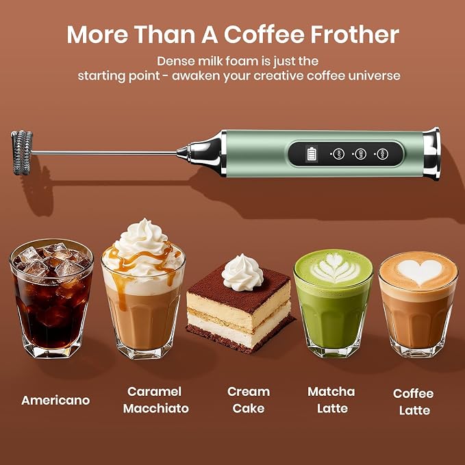 YUSWKO Milk Frother Wand for Coffee, Coffee Frother Handheld Drink Mixer | Rechargeable Mixer Wand, Waterproof Electric Whisk for Protein Powder, Lattes, Cappuccino, 3 Variable Speeds 3 Whisks,Granite