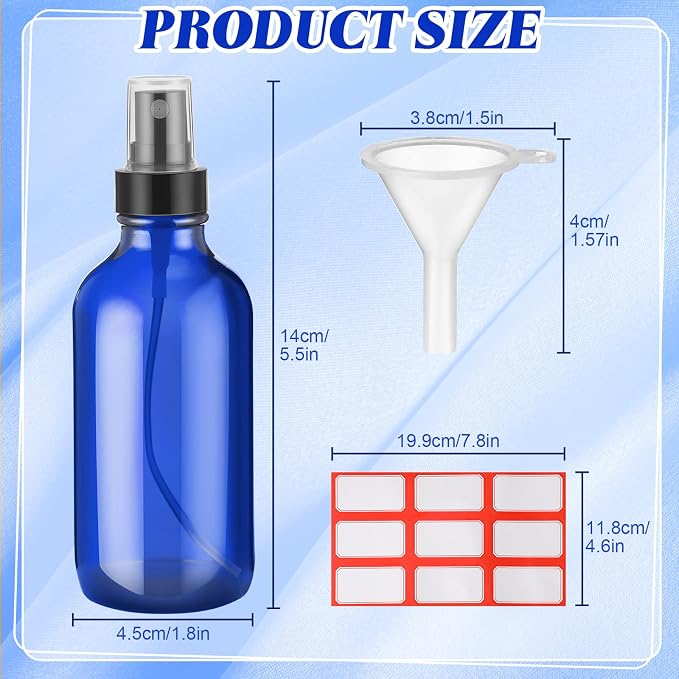 Fumete 36 Pcs Glass Spray Bottles 4oz Fine Mist Glass Spray Bottle Refillable Liquid Containers with 6 Labels 6 Funnel for Hair Travel Plants Cleaning Solutions Skin Care(Blue,Simple)