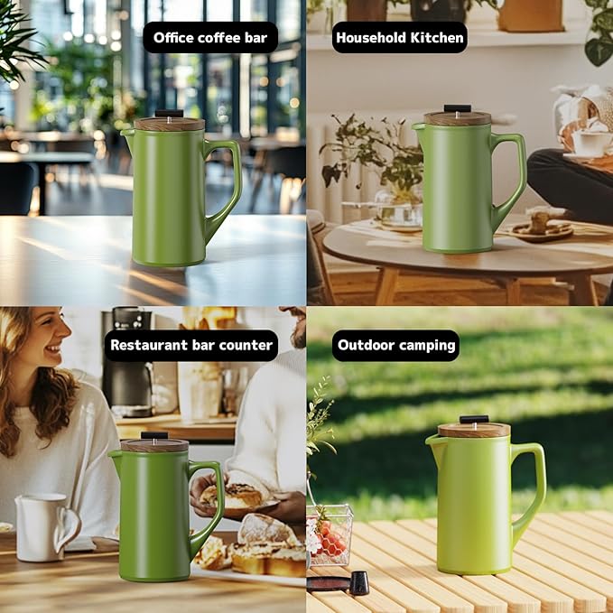 DHPO Ceramic French Press Coffee Maker, 22oz Single Serve Coffee Press with Walnut Wood Lid, Lead-Free, Food Grade Stainless Steel Filter with Dual Screen for Coffee and Loose Tea, Green