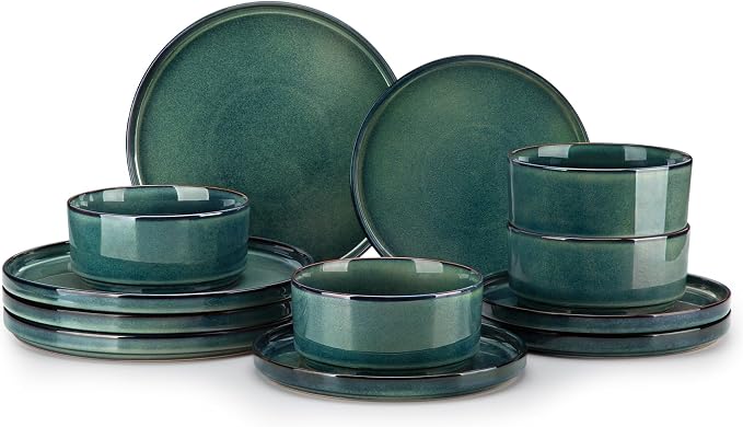 vancasso Starry Plates and Bowls Sets,12 Pieces Green Dinnerware Sets for Kitchen,Modern Stoneware Dishes Set for 4,Dishwasher and Microwave Safe