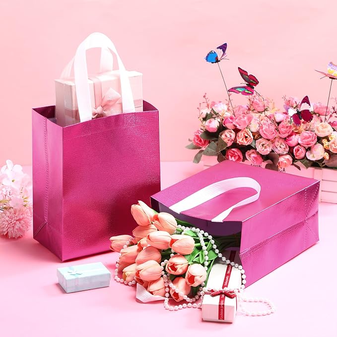 Eccliy Reusable Gift Bags Set Glossy Grocery Gift Tote Bag with Handle for Wedding, Bridal Shower, 4th of July, Summer Event(10 x 8 x 4.7 Inch,Hot Pink,80 Pcs)