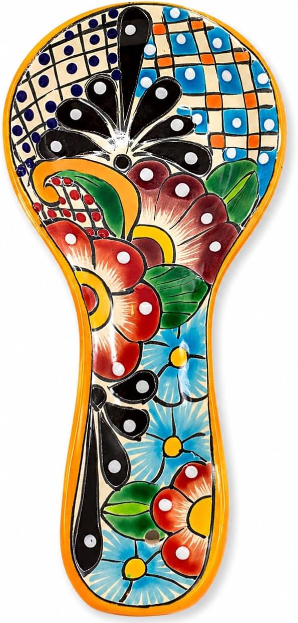 Talavera Spoon Rest – Hand-Painted Ceramic Utensil Rest Handmade in Mexico, 10" Large for Stove Top and Counter, Dishwasher Safe Lead Free, Gift Ready Cuchara Multicolor