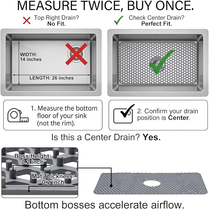 Silicone Sink Protectors for Kitchen - Non-Slip Heat Resistant Grid Mat for Farmhouse Porcelain Stainless Steel, Protects & Cushions Your Sink(Gray 1PCS, 26"x14" Center Drain)
