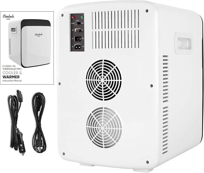 Cooluli 15L Mini Fridge for Bedroom - Car, Office Desk & College Dorm Room - 12V Portable Cooler & Warmer for Food, Drinks, Skincare, Beauty, Makeup & Cosmetics - AC/DC Small Refrigerator (White)