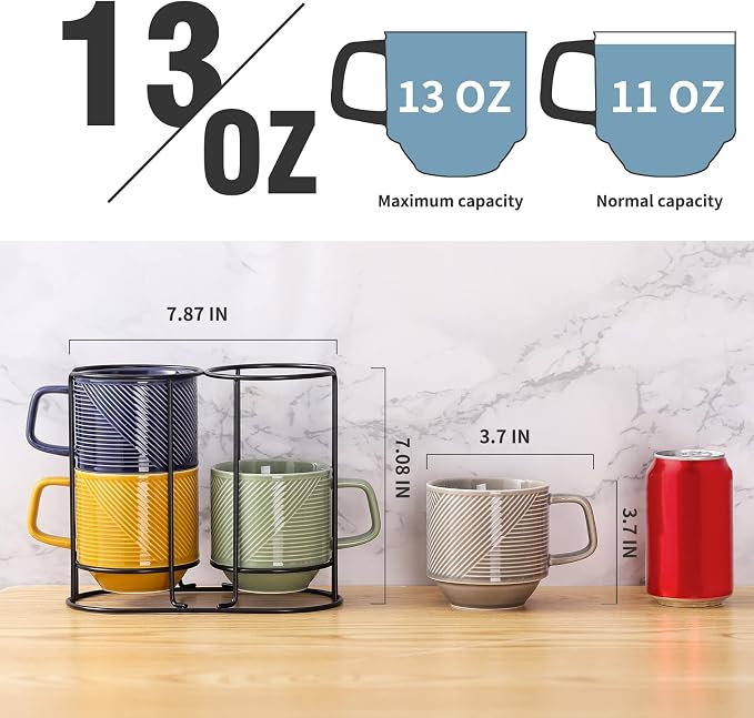 Stackable Coffee Mugs with Rack: 13 oz Stacking Ceramic Cups with Stand for Home & Office- Porcelain Stacked Tea Mug Set of 4