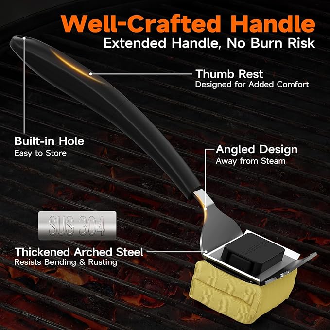 Bristle Free Grill Brush with Scraper for Outdoor Grill Cleaning, Safe Steam BBQ Grill Cleaner, Replaceable Head, Grilling Accessories for Cast Iron, Stainless Steel, Porcelain, Ceramic Grates - Black