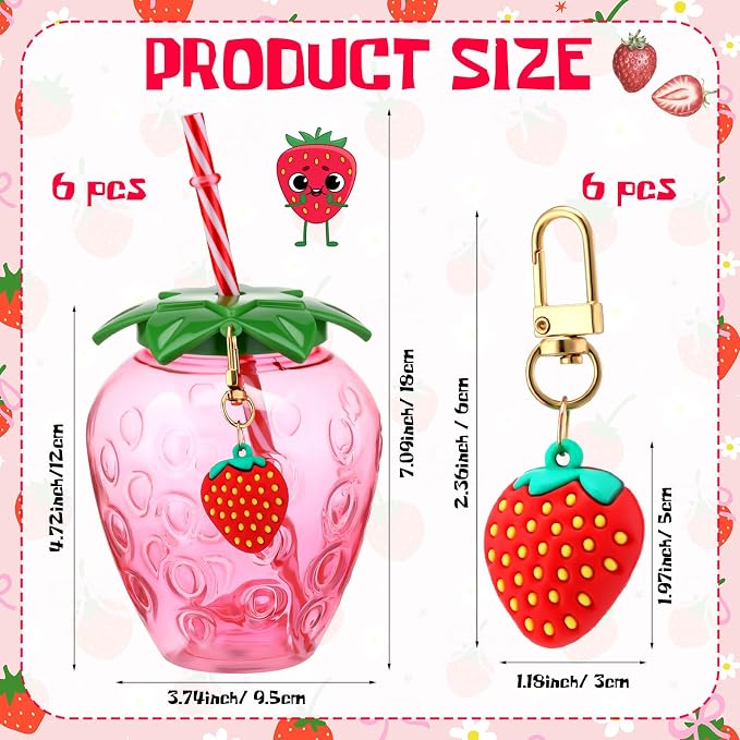 LemonRoad 17 oz Strawberry Shaped Cups with Lids and Straws Reusable Cute Drinking Cups Strawberry Water Bottles for Hawaiian Summer Party (6 Pcs)