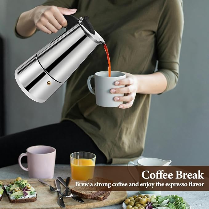 6 Cup Stainless Steel Moka Pot Stovetop Espresso Maker | Italian Coffee Machine 300ml 10oz Suitable for Gas Induction Stovetop Mocha Greca Coffee Maker Percolator Straight