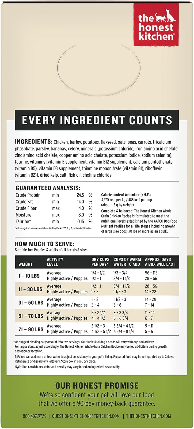 The Honest Kitchen Human Grade Wholemade™ Dehydrated Dog Food, Whole Grain Dehydrated Dog Food, Chicken, 7 lb (Makes 28lbs)