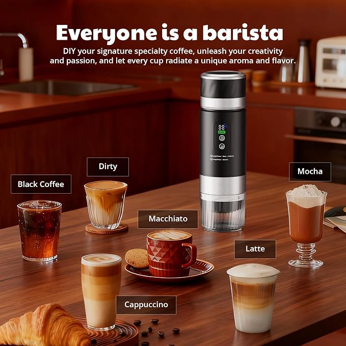 Portable Espresso Maker with Removeable Battery, Portable Espresso Machine with USB-C, 3-in-1 Small Espresso Machine with Ground Coffee & Capsules (NS＆DG) for RV, Hiking (Black)