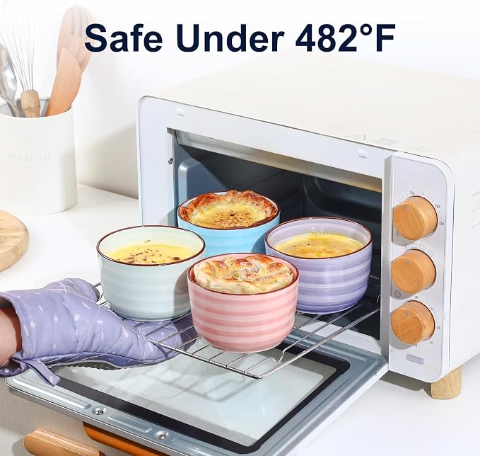 Selamica Ceramic Ramekins with Lids, 10 OZ Creme Brulee Ramekins with Covers Oven Safe, Custard Cups Small Baking Bowls for Souffle, Pudding, Onion Soup, Dips, Set of 6, Gradient Color