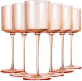 Pale Peach Colored Square Wine Glasses Set of 6, Ribbed Design Peach Crystal Glassware with Long Stem, 11.5oz Hand Blown Red & White Wine Stemware For Home Dinner Party Wedding Housewarming Gift