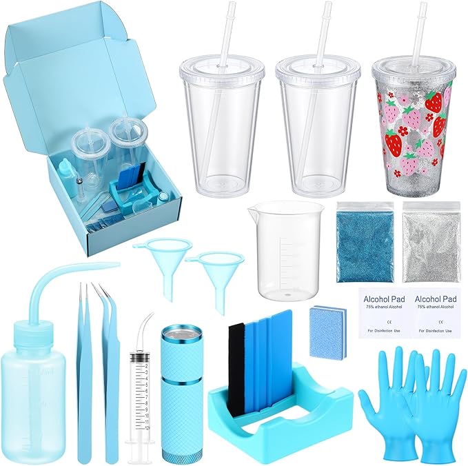 Baderke 20 Pcs Snow Globe Tumbler DIY Kit 16 oz Tumbler Squeeze Bottle, Glitter, Funnel Tweezer Silicone Cup Cradle Measuring Cup Glove Flashlight Buffer for Beginner(Blue,Cute)