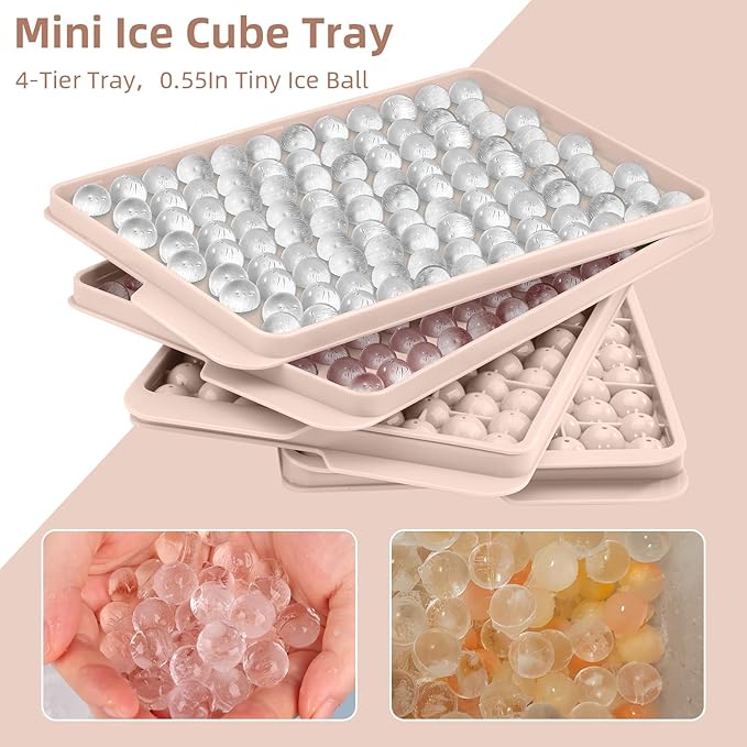 WIBIMEN Mini Ice Cube Trays, 0.55” Tiny Pebble Ice for Iced Coffee & Cocktails, Fast Chill, Easy Twist Release, Stackable with Lid & Storage Bin (4 Pack, Pink)