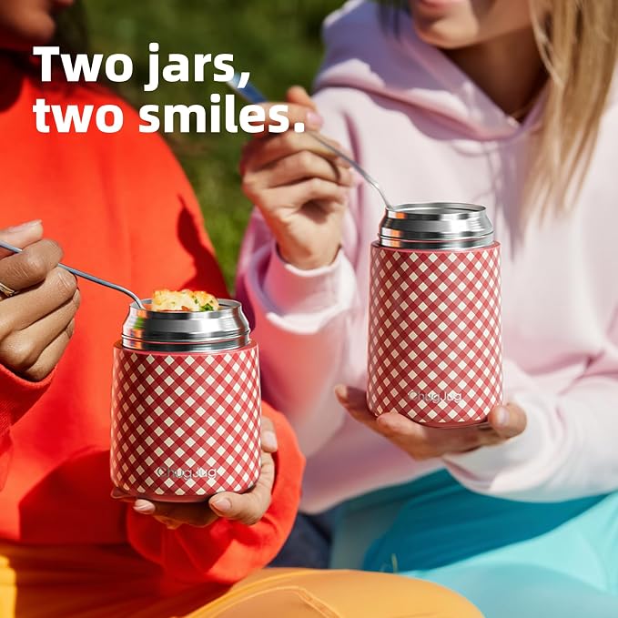 2 Pack Insulated Food Jar Set, 26oz & 18oz Stainless Steel Vacuum Insulated Soup Containers for Hot Food, Leak-Proof Thermal Food Jars with Spoons, Cute Stylish Design for School, Work & Travel (Red)