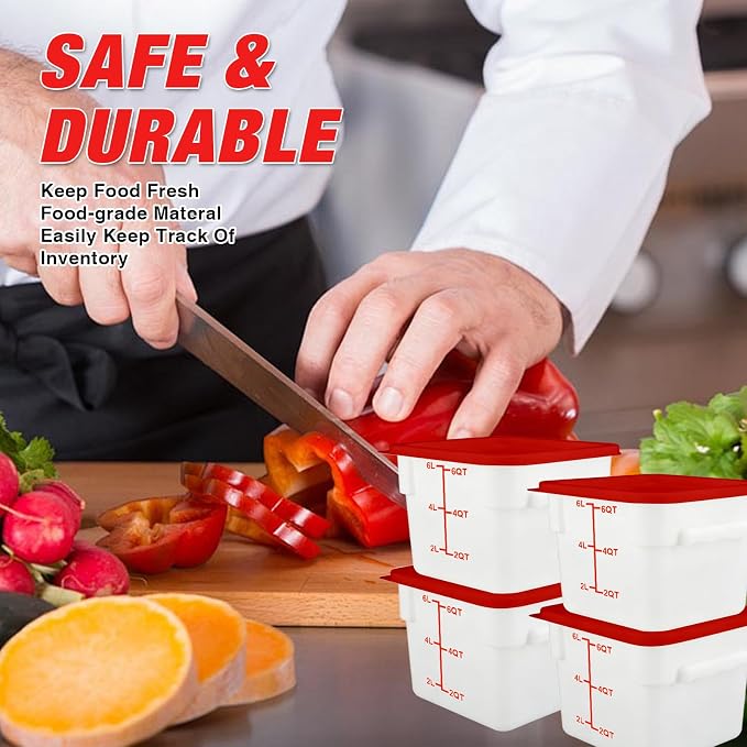 Square Food Containers with Lids 4-Pack, Commercial Grade Plastic Bins for Restaurant Kitchen Pantry Storage, Freezer & Dishwasher Safe (Red, 6QT-4PACK)