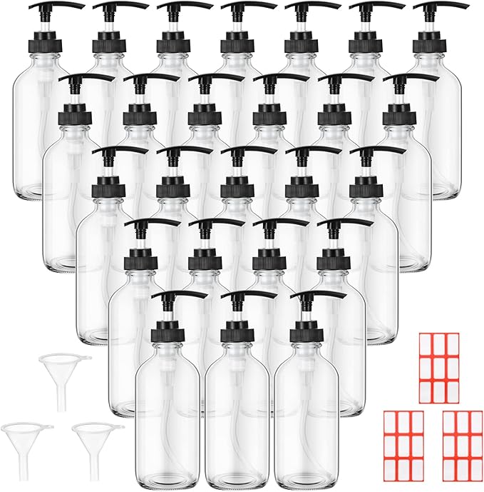 Tanlade 24 Pcs 8 oz Glass Pump Bottle Empty Bottle Glass Soap Dispenser with Pump Refillable Containers and Labels Funnels for Essential Oils Cleaning Products Lotions Conditioner(Clear)