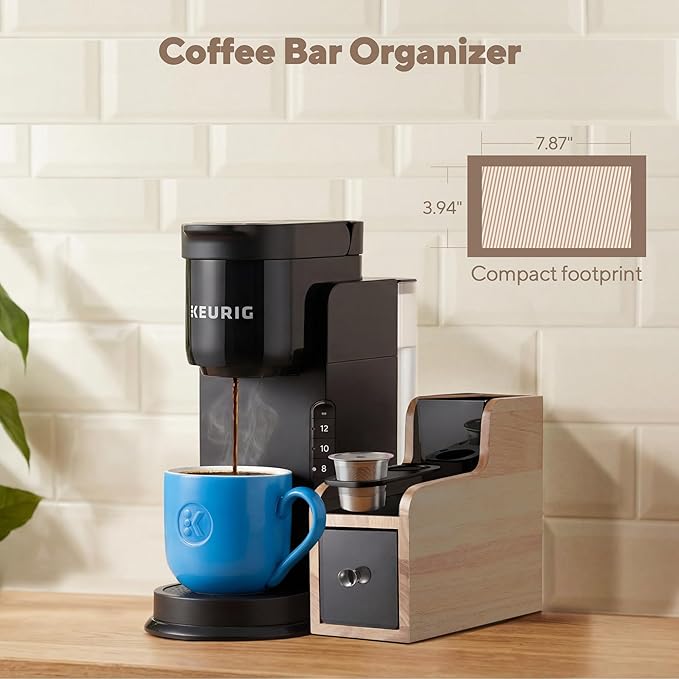 Coffee Pod Maker Stand, Solid Wood Reusable K-Cup Filter Holder & Filling Station with Coffee Ground Storage Drawer & Waste Bin, Countertop Wood Coffee Bar Organizer, Easy Daily Refill (Oak)