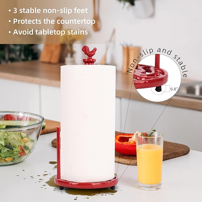 Vintage Red Rooster Cast Iron Paper Towel Holder for Kitchen Countertop - Farmhouse Decor Freestanding Dispenser with Heavy Base, Fits Jumbo Rolls, Easy One-Handed Tear