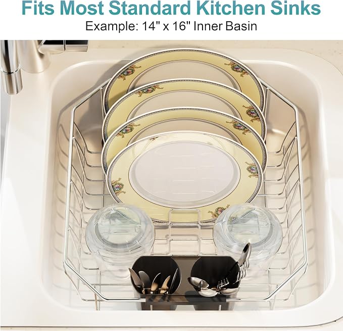 GSlife Small in Sink Dish Drying Rack - Stainless Steel Compact Dish Drainer for RV Kitchen Apartment Sink, Rust Resistant Inside Sink Rack, 1–2 Person Households, 13.1" W x 14.4" L, Silver