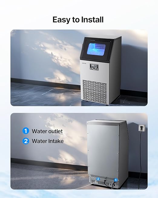 VEVOR Commercial Ice Maker Machine, 100 lbs/24h with 28Lbs Storage, 45 Cubes per Cycle, Stainless Steel Freestanding & Under Counter Ice Maker with LED Display & Self-Cleaning, for Home Bar Restaurant