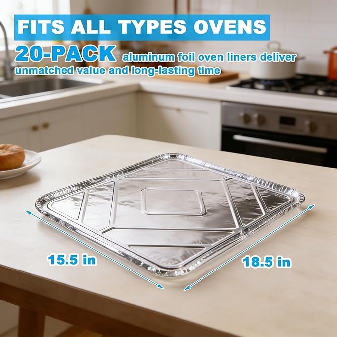 Replace Parts 20-Pack Disposable Foil Oven Liners for Electric and Gas Oven Bottom, Keep Oven Clean, Reusable Aluminum Foil Drip Pan Trays for Cooking, Baking, Roasting, Grilling, 18.5” x 15.5”