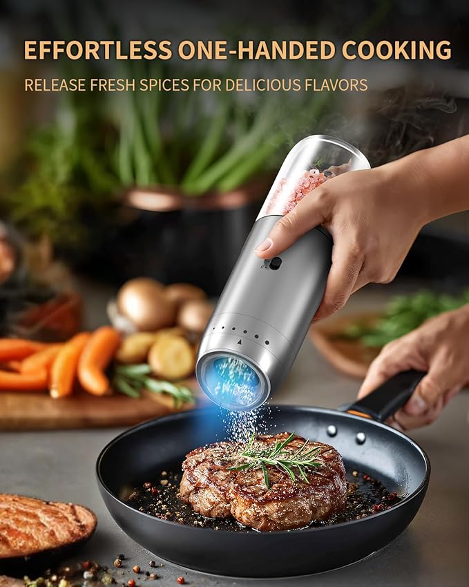 Gravity Electric Salt and Pepper Grinder Set with Rechargeable Base, 2-Speed Grinding Control Stainless Steel Pepper Mill Set with Adjustable Coarseness, LED Light & 176ml Large Capacity