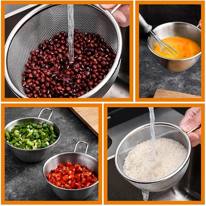 BESTonZON 1set Stainless Steel Rice Rinser Strainer with Handle Fine Mesh Sieve Drainer for Kitchen Use for Washing Rice Fruits and Vegetables and Easy to Clean