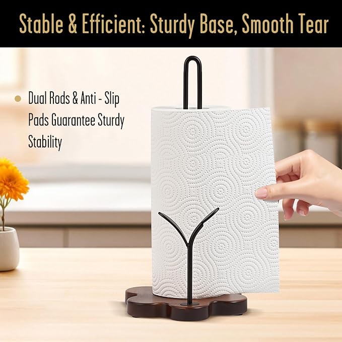 Wooden Paper Towel Holder Countertop, Floral Base with Dual Iron Rods in Antique Brown Finish, Leaf-Shaped Accent, Stable & Durable, Non Slip Pads, Elegant Kitchen/Dining Décor