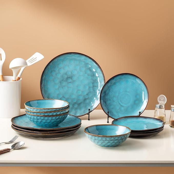 Porcelain Dinnerware Set for 4, 12-Piece Plates and Bowls Set for 4, Modern Stoneware Dinnerware Chip and Scratch Resistant, Microwave and Dishwasher Safe (Blue)