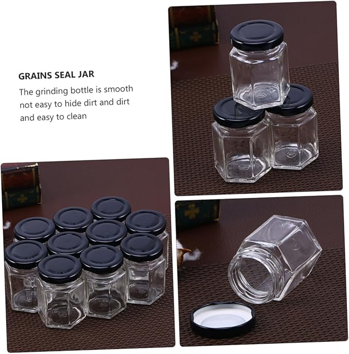 Abaodam Hexagonal Glass Food Storage Jars 380ml, Airtight Kitchen Grain and Snack Seal Containers with Lids, 10pcs Set for Pantry Organization and Meal Prep