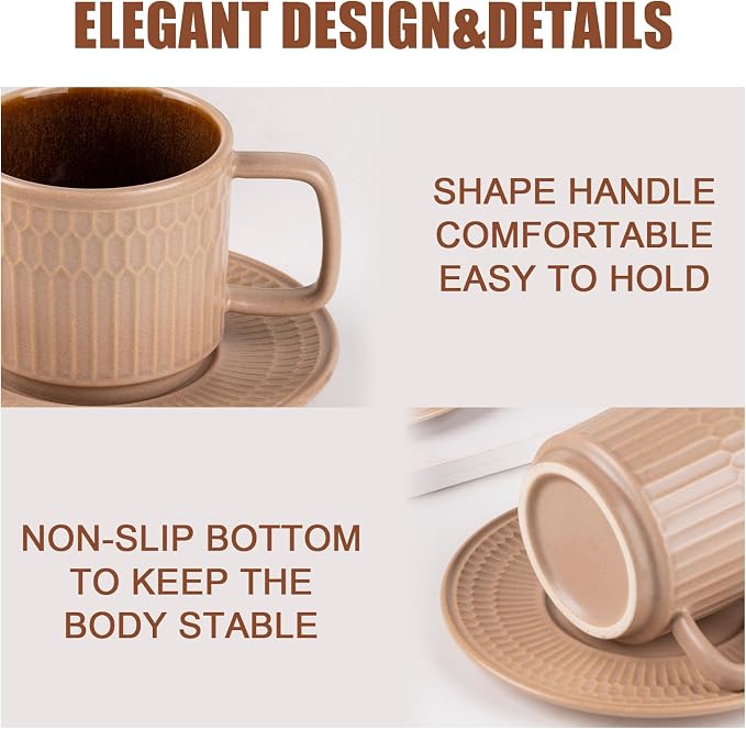 8oz Cappuccino Cups with Saucers Set of 4, 8 Ounce Stackable Embossed Ceramic Coffee Mugs for Specialty Coffee Drinks, Latte Mugs, Cafe Mocha and Tea, Dishwasher & Microwave Safe (Brown)