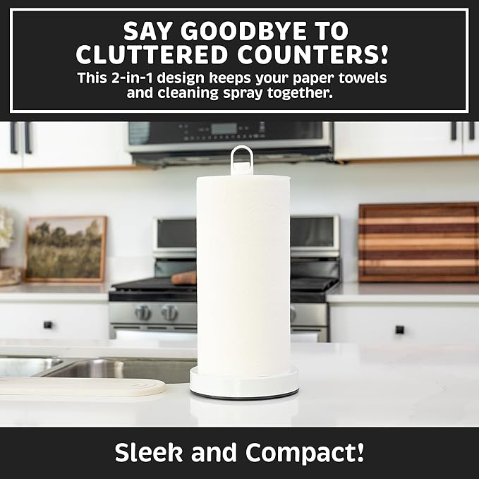 Stainless Steel Paper Towel Holder with Spray Pump – One-Handed Tear, Smart Traction System, 5 oz Sprayer Bottle, Heavy Duty Suction Cups, Weighted Base, Kitchen Towel Dispenser for Countertop Use