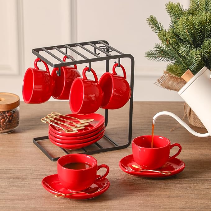 vicrays Ceramic Espresso Coffee Cups - 4 oz Porcelain Espresso Cups Set with Saucers Spoons and Metal Stand for Tea Cafe Cappuccino Latte - Set of 6 - Red