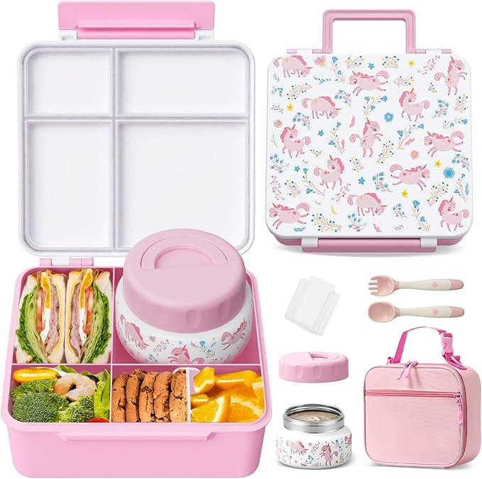 Kids Bento Lunch Box with Thermos, Leakproof Toddler Bento Box with 9 OZ Insulated Food Jar, Lunch Bag & Utensils 3 or 4 Compartment Container for School Girls Boys