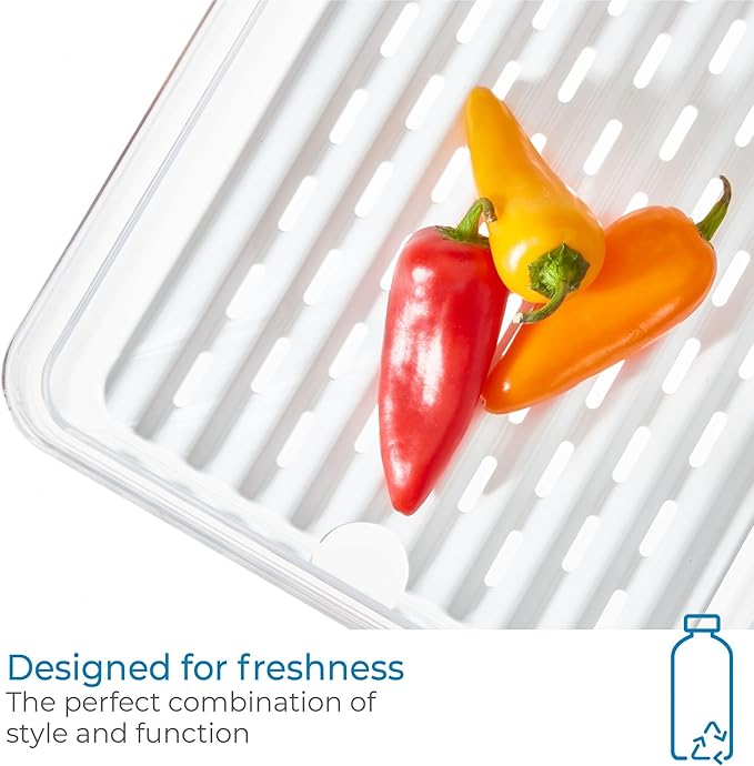 iDesign Large Fridge Produce Bin with Removable Drainage Tray and Lid - Set of 2 - Clear/White