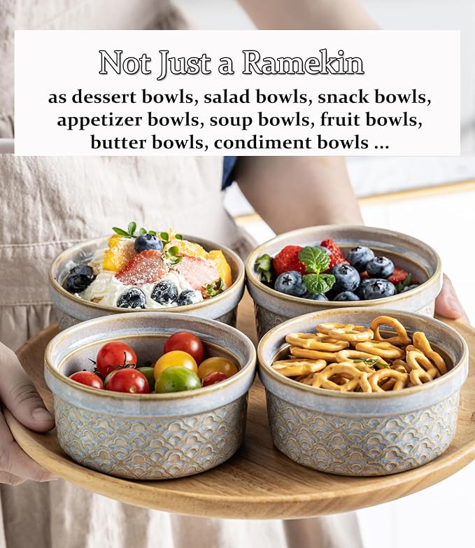 Creme Brulee Ramekins with Covers, Ceramic Souffle Ramekin with Lid, Small Baking Dishes, Food Storage Containers Serving Bolws with Lids for Lunch, Dessert, Fruit, Grey Cloud